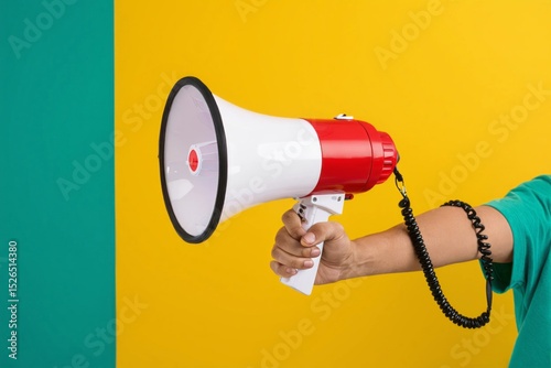 A person shouts an announcement using a red and white megaphone in front of a bright yellow