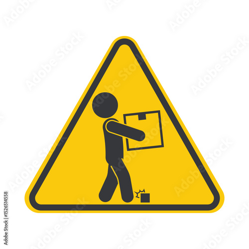 Isolated pictogram icon showing person carrying box, warning to watch your step and avoid tripping in package storage area