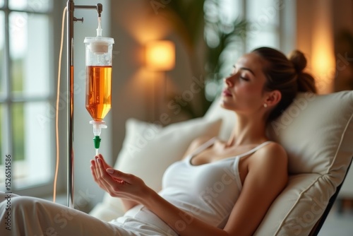 Editorial Photoshoot: Stylish Woman Receives IV Drip Vitamin Therapy in Modern Lounge Setting, Highlighting Sleek Design and Rejuvenating Effects