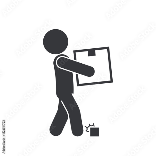 Isolated pictogram icon showing person carrying box, warning to watch your step and avoid tripping in package storage area