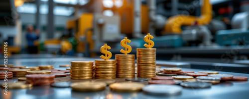 Golden dollar symbols on stacks of coins in factory environment showing economic growth and success
