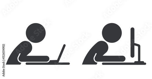Bundle pictogram silhouette icon of a person working on computer and laptop at a desk, symbolizing remote work or office activity