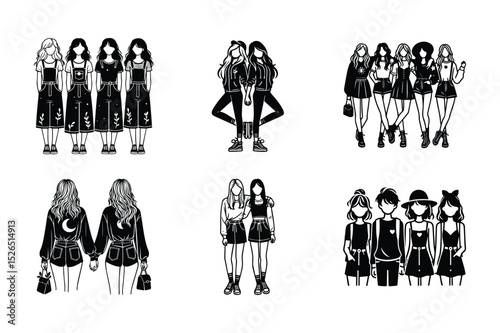 Stylish Girlfriends Black and White Illustration Set