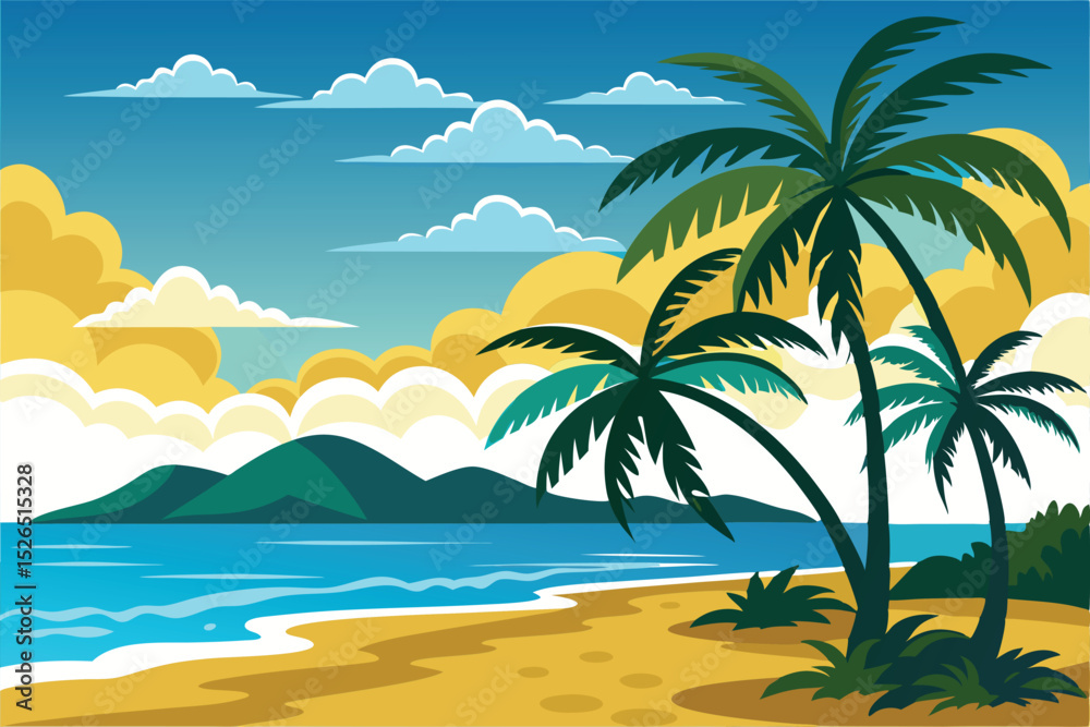 Obraz premium Tropical Beach Paradise Sunset Views, Palm Trees, and Ocean Breeze