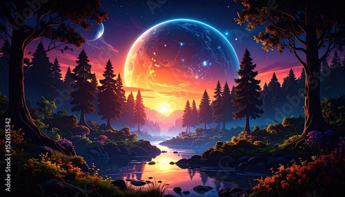 Mystical forest scene, vibrant sunrise, glowing planet