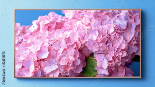 Blue canvas enhances the pink hues of hydrangea in a metallic rose-gold frame