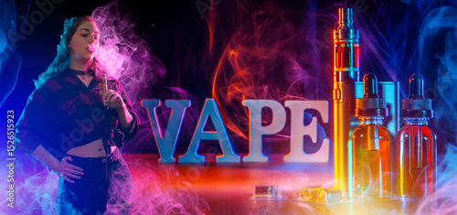 Vape logo behind woman. Gir...