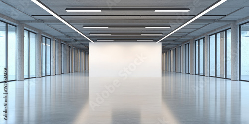 Spacious modern interior with huge blank white wall, polished floor, large windows, and bright natural lighting