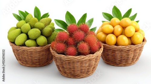 Three Baskets of Exotic Fruits Including Rambutan Lychee and Longan on a White Background