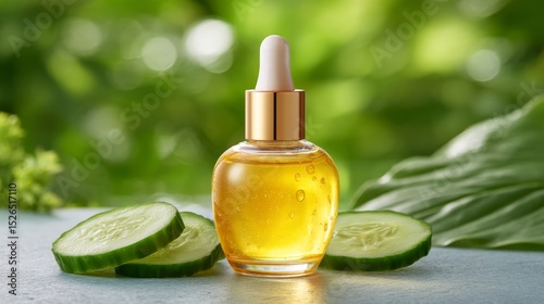 Glass Bottle of Vitamin E Oil Beside Fresh Cucumber Slices on a Textured Surface with Soft Green Background