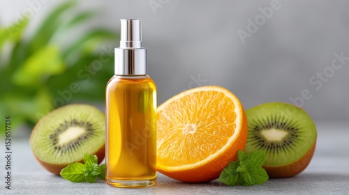 Bottle of Vitamin E Oil Surrounded by Fresh Orange and Kiwi Slices with Mint Garnish on Soft Gray Background
