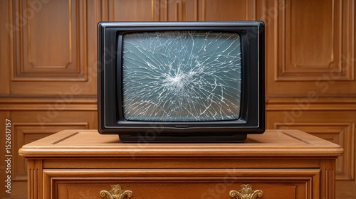 Broken Television Screen with Shatter Effects on Vintage Wooden Cabinet in Rustic Interior Setting