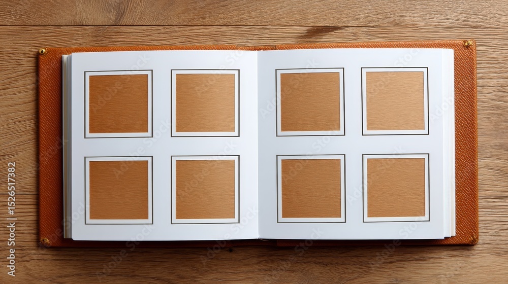 Fototapeta premium Open Vintage Photo Album with Empty Polaroid Frames on Wooden Surface