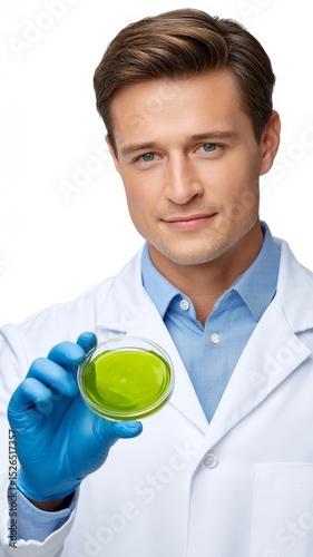 Scientist Holding Green Bio-Plastic Sample in Research Laboratory Environment