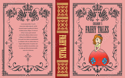 032-12-Children's fairy tales book cover design featuring smiling princess wearing red dress, crown, and necklace, with ornate frame and title. Hand drawn illustration