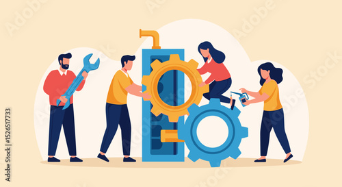 Business Improvement concept. Contemporary flat style abstract vector illustration of a group of diverse people with tools, troubleshooting a gear-shaped mechanism. Isolated on background.