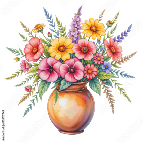 Colorful floral arrangement in a ceramic vase nature watercolor art bright and lively artistic perspective