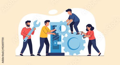 Business Improvement concept. Contemporary flat style abstract vector illustration of a group of diverse people with tools, troubleshooting a gear-shaped mechanism. Isolated on background.