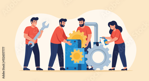 Business Improvement concept. Contemporary flat style abstract vector illustration of a group of diverse people with tools, troubleshooting a gear-shaped mechanism. Isolated on background.