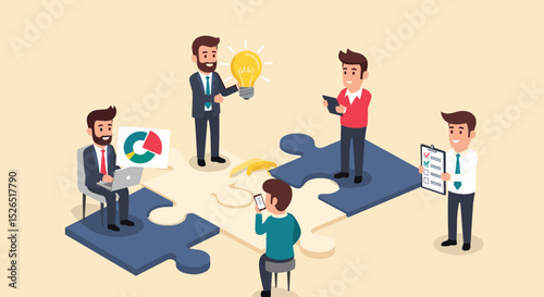 Business Teamwork concept. Contemporary flat style abstract vector illustration of a group of diverse people discussing with a completed puzzle in the background. 