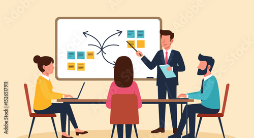 Business Workshop Concept. Vector cartoon illustration of a group of diverse people sitting at a table with a manager standing in front of them next to a board with stickers. Isolated on background