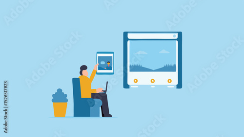 Remote work lifestyle art Person in armchair computer communication screen home decor relaxing atmosphere