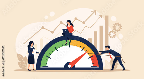 Employee Skills Performance concept. Vector cartoon illustration of a group of diverse people working in front of a meter and increasing its readings. Isolated on background. 