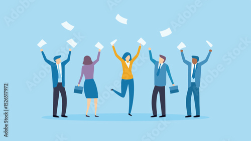 Business team success celebration throwing papers in air for victory teamwork goals reached joy office