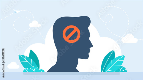 Head with a ban sign. Psychological problem. Therapy against mental diseases. Mental health problem. Mental disorder concept. Vector illustration.
