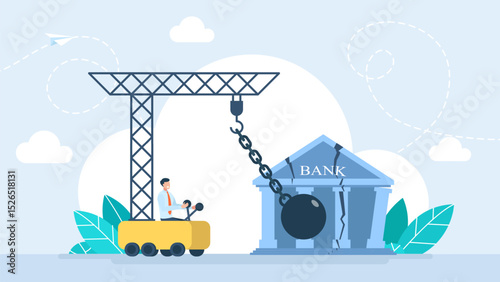 A wrecking ball destroys bank, business, money, insurance. Debt problem concept. Obligation or financial loan crisis, credit failure, no money. Crane with wrecking ball. Vector illustration