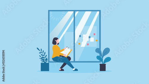 Flat Design Woman by Window with Clipboard Idea Generation Light Blue Room Interior Space Creative Writing