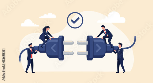 Business Connection Concept. Vector cartoon flat illustration of a group of diverse people successfully connecting electrical plugs. Isolated on a background.