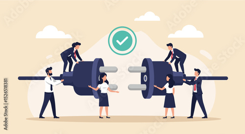 Business Connection Concept. Vector cartoon flat illustration of a group of diverse people successfully connecting electrical plugs. Isolated on a background.