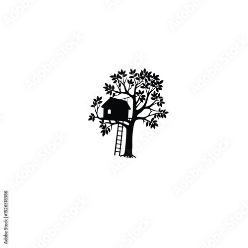 A treehouse nestled in the branches of a tall tree silhouette on white background