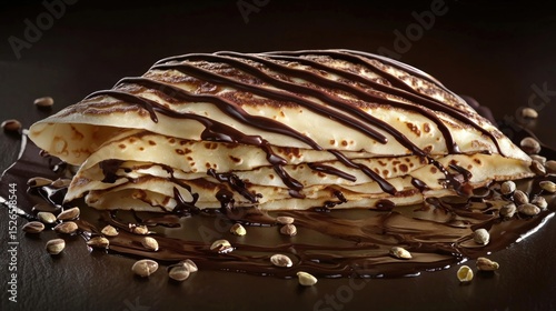 A stack of crepes with chocolate drizzle and pistachios on a dark background.