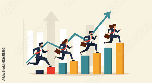 Business Success Concept. Vector cartoon illustration of a group of diverse people in business suits running up a rising graph. Isolated on background
