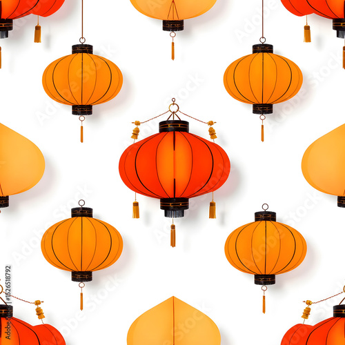 Line composition of stylized Chinese lanterns forming a seamless geometric pattern (hexagons or circles). 