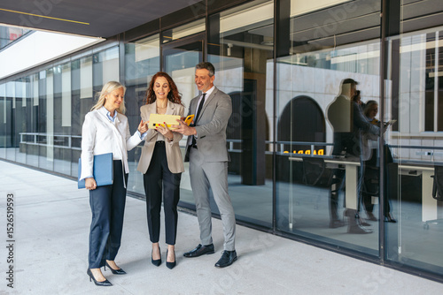 Businesspeople reviewing contract terms outside modern office building