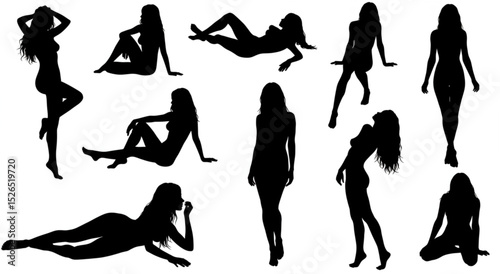 Vector detailed silhouettes set of beautiful sexy women various lying, sitting and standing poses isolated on white background.
