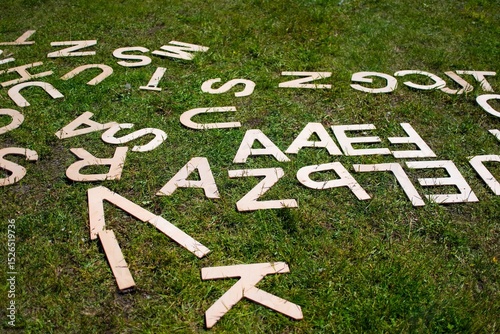 Scattered Wooden Alphabet Letters on Grass