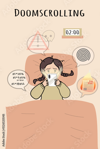 Late Night Doomscrolling Vector Illustration – Digital Addiction and Anxiety Concept
