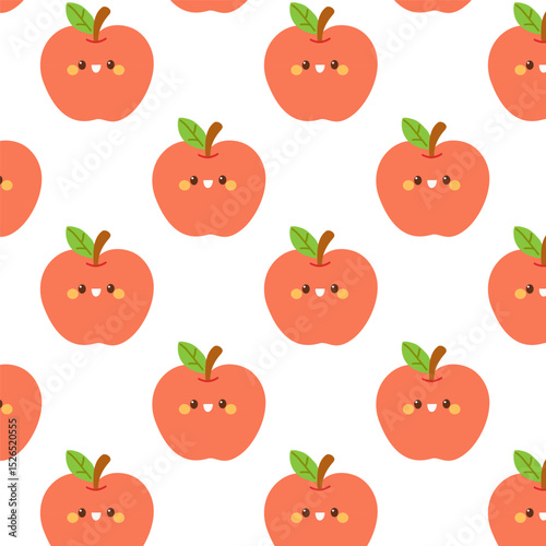 Seamless pattern of cute smiling apples with rosy cheeks and green leaves on white.
 Perfect for kids’ textiles, fruit-themed prints, and playful summer designs.