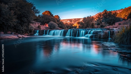 Majestic Cascade: Capturing the serenity of a multi-tiered waterfall cascading into a tranquil lake, surrounded by lush vegetation and under a stunning azure sky. 