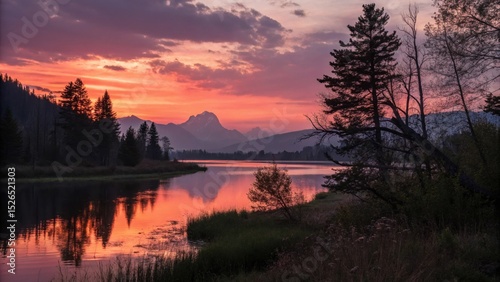 Sunset Serenity: A tranquil lakeside scene captures the ethereal beauty of a vibrant sunset over a serene lake. The water mirrors the colorful sky.