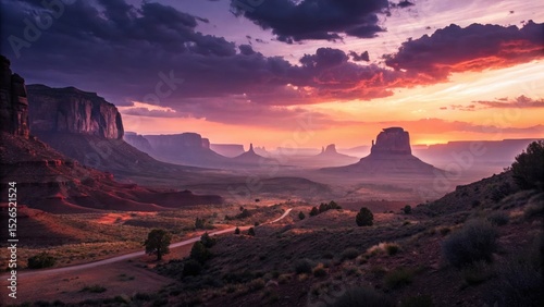 Monument Valley Sunset: A breathtaking panorama of Monument Valley under a sky ablaze with colors, showcasing the majestic sandstone buttes and the serene landscape.