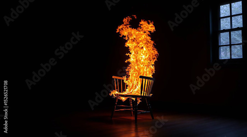 Ai generated image of crimson flames engulf a wooden chair in a dark room, silhouetted against a window showing a glimpse of trees
