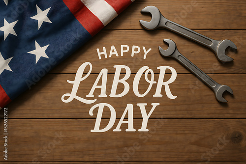 Happy labor day with tools and american flag background