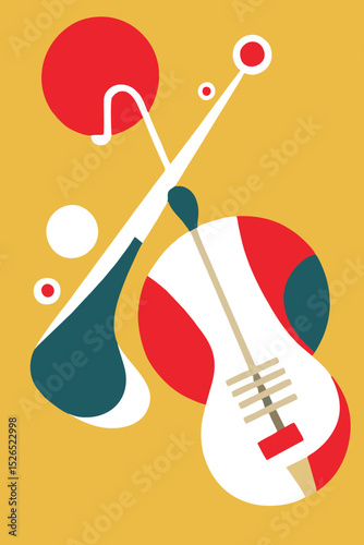 A colorful illustration of guitar with paints and violin items like a spoon and fork in a creative design
