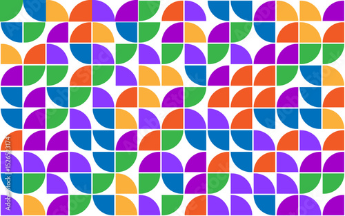 Vibrant retro geometric pattern with colorful quarter circles and shapes in blue, green, orange, purple on white background, perfect for modern design, textiles, wallpapers, and abstract visuals