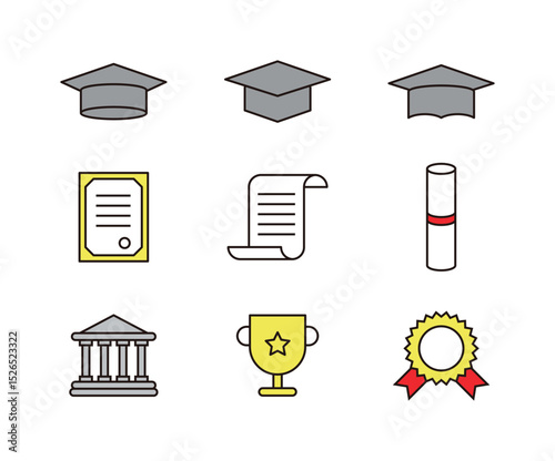 A set of graduation related icons in a minimalistic and simple style. Graduation cap, diploma, trophy, certificate, diploma.